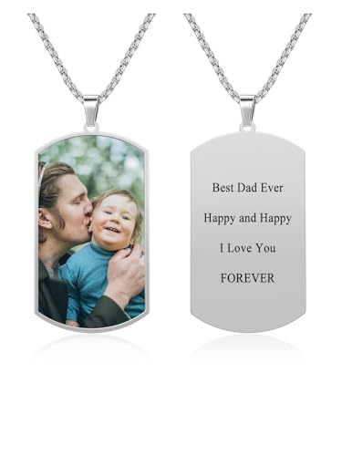 PiercingJak Personalisierte Dog Tag Halskette Foto Text Beidseitig Gravur Edelstahl Hundemarke Anhänger mit 24'' Kette Memorial Schmuck Liebe Freundschaft Geschenke für Damen Herren