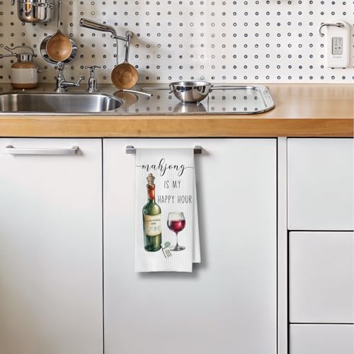 Image of Mahjong Wine Kitchen Towel - Mahjong is My Happy Hour Decorative Waffle Dish Towels, Mah Jong Gifts Hand Bar Towels, Tea Towel for Wine Lovers, 16x24 Inch