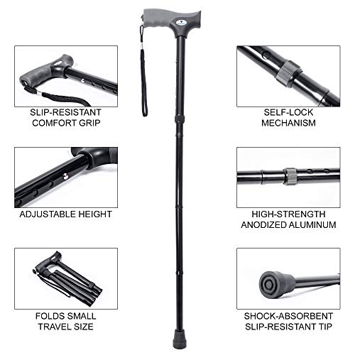 Vaunn Medical Easy Grip™ Height Adjustable Folding Cane/Walking Stick With Strap/Pouch- Compact, Portable And Safe Walking Assistant- Non-Slip Grip Handle- Men, Women, Elderly, Disabled, Pregnant #TOP4