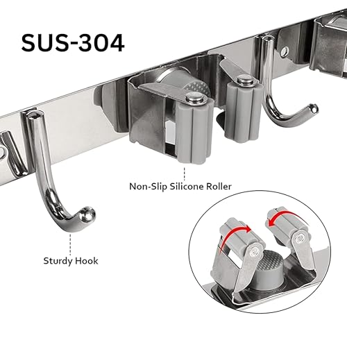 Image of Broom Mop Holder Wall Mount Stainless Steel Wall Mounted Storage Organizer Heavy Duty Tools Hanger with 4 Racks 5 Hooks for Kitchen Bathroom Closet Garage Office Garden 1Pc broom holder