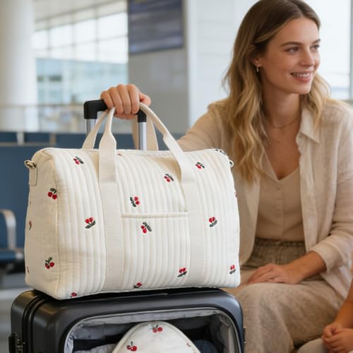 Large Nappy Bag as Carry Bag, Large Volume Embroidered Weekender Bag with Large Capacity | Hospital Bag | For Hospital Travel Gym Work School Outdoor Park Shopping, cherry, Siehe Beschreibung - Image 2