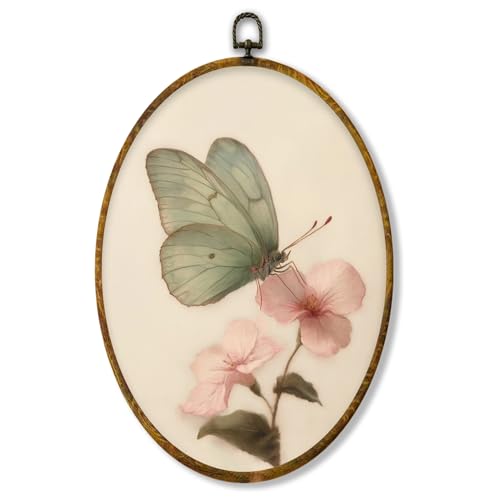 Hiuwevt Green Butterfly Oval Wall Art Decor, Vintage Pink Floral Butterfly Moth Framed Canvas Prints, Retro Cottagrcore Floral Round Wall Hanging Decor for Bedroom Home Decorations, 8.6x11.4 Inches