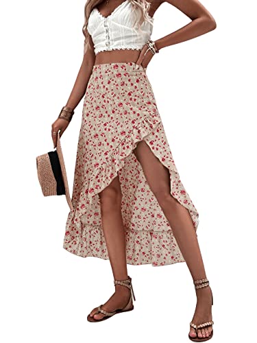 Floerns Women's Ditsy Floral Print High Waist Ruffle Asymmetrical Hem Long Skirt Khaki Xl #TOP3