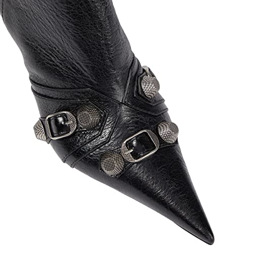 Arqa Stiletto Heel Knee High Boots With Studded Pointy Toe Fashion Buckle Motorcycle Boot Zipper Dress Shoes Black Size 9 #TOP1