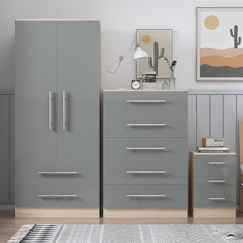 Unique Furnishings Grey Gloss Three Piece Bedroom Furniture Set - Bedside, Chest, Wardrobe - Image 5