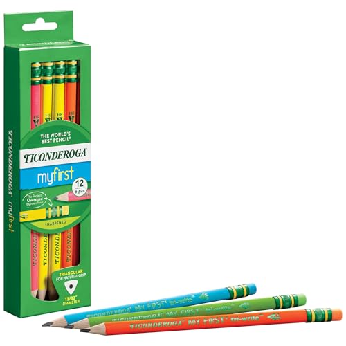 Ticonderoga My First Tri-Write Wood-Cased Pencils, Pre-Sharpened, 2 HB, With Erasers, Neon Colors, 12 Count