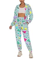 UOUA Frauen Farbe Block 2 Stück 80er 90er Outfits Langärmel Windbreaker Jacke Trainingsanzug Set Weißer Druck M