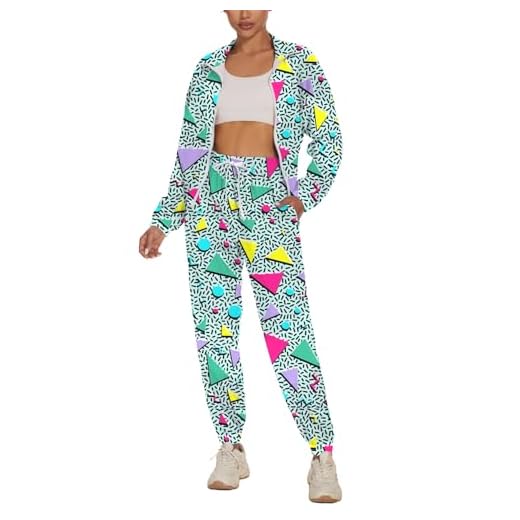 UOUA Women's Color Block 2 Piece 80s 90s Outfits Long Sleeve Windbreaker Jacket Tracksuit Set WhitePrint M