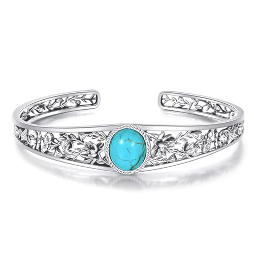 Genuine Turquoise Vintage Lotus Flower Bracelet, Sterling Silver Boho Adjustable Cuff Bangle Native American Jewelry for Women, Fit for 6.5 7 7.5 Inches