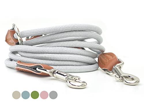 Leisegrün Hundeleine kleine Hunde leicht - Führleine 3m verstellbar mit 2 Karabiner - 3 Meter lang x 0,8 cm - Nur 200 g - Modell Devon - Hellgrau
