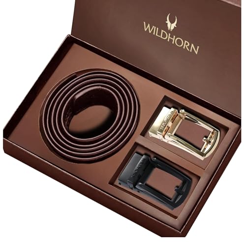 Image of WildHorn Men's Leather Belt Gift Set | Genuine Leather belt Strap with 2 Interchangeable Buckles | Formal & Casual Wear Adjustable Belt | Automatic lock leather belt for men