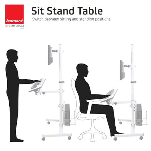 Image of Isomars Computer Standing Desktop Workstation with Monitor Mount Adjustable Height with Keyboard & Mouse Tray Space for CPU Holder, Sit Stand Table Comes with Wheels for Easy to Move.(White)