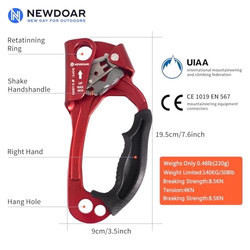 Image of NewDoar UIAA & CE Certified Hand Ascender Rock Climbing Tree Arborist Rappelling Gear Equipment Rope Clamp for 8~12MM Rope(Red)