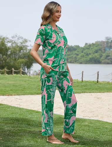 Image of SWOMOG Women Pajama Set 2 Piece Button Down Pajamas Short Sleeve Lounge Sets with Long Pants Soft Sleepwear with Pockets