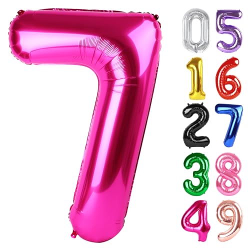 Image of Hot Pink Number 7 Balloon 40 Inch, 7th Birthday Party Decorations, Giant 7 Foil Balloon for Party Supplies