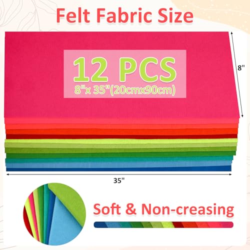 Image of XSEINO 12 Rolls 8 inchx35 inch(20.5x90cm) 1.4mm Thick Soft Felt Fabric Sheet 12 Assorted Neon Series Colors Felt Pack for DIY Craft Sewing Squares Nonwoven Patchwork