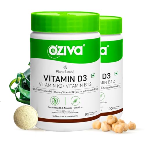 OZiva Vitamin D3, K2 & B12 | With Vitamin D3 For Stronger Bones, K2 (MK7) for Bone Density & B12 for Muscle Growth & Recovery - 180 Tablets (Pack 2)