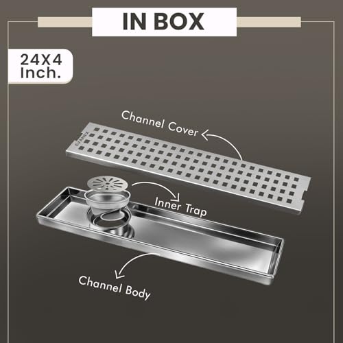 Image of EVANEX Linear Shower Drain Channel | 24x4 Inches Bathroom Drainer | Waste Water Linear Floor Drain Channel | 304 Stainless Steel Bathroom Drainer with Anti Cockroach Trap | Bathroom Jali