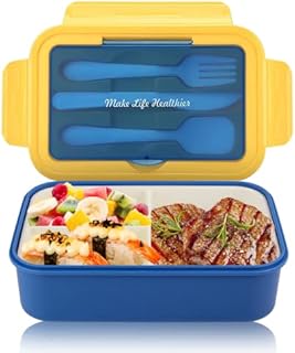 Uliya Bento Lunch Box Adults Kids 1400ML Containers with 3 Compartments Sandwich Box Leakproof BPA Free Bento Box with Spoon Fork Set for Work School Microwave Dishwasher Freezer Safe, Blue