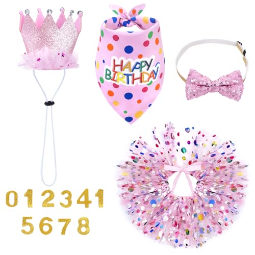 hoyuwak Dog Birthday Party Supplies Girl Dog Birthday Bandana Tutu Set Cute Hat Bow Tie Set for Large Medium Small Dogs