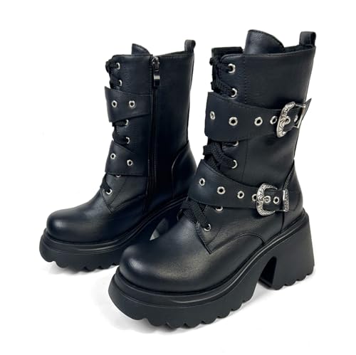 Image of FOREADA Goth Boots Chunky Heel Boot For Women Ankle Combat Booties Black Platform Bootie Buckle Rivets Punk Goth Shoes With Zipper