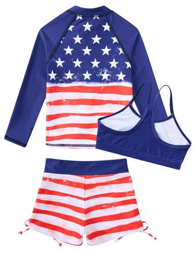 Image of Funnycokid Girls Swimsuit 3 Pieces Zip Rash Guard Bathing Suits Set Kids Bikini Boyshort Summer Swimwear 3-14 Years