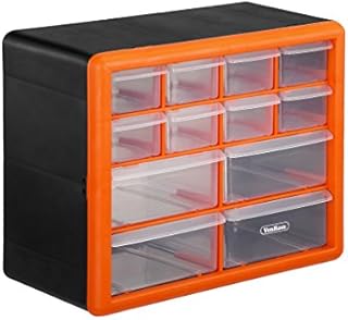 VonHaus 12 Drawer Organiser for Small Parts - DIY Tool Bits, Fixings, Fishing Tackle, Crafts - Black/Orange