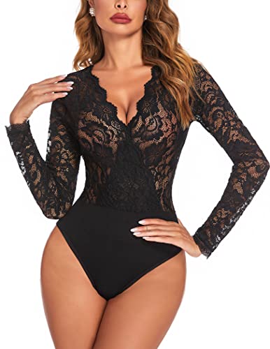 Avidlove Womens Long Sleeve Black Bodysuit V Neck Lace Body Suits Going Out Tops Snap Crotch One Piece Teddy Lingerie