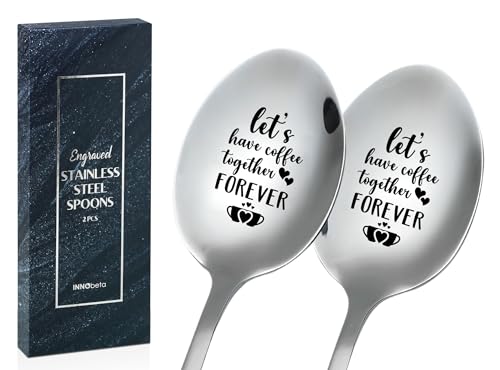 Coffee Spoons for Couples, 2 Pcs Stainless Steel Engraved Coffee Spoons, Coffee Lovers Gifts, Gift Ready Package, Let's Have Coffee Together Forever