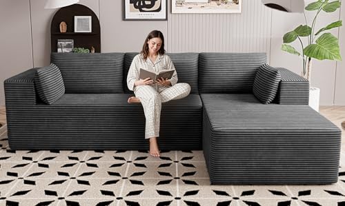 Image of 106 inch Cloud Sectional Boneless Couches for Living Room, Modular L Shaped Couch with Deep Seat Oversized Right Facing Chaise, Memory Foam Compressed Spineless 3 Seater Sofa for Apartment, Grey