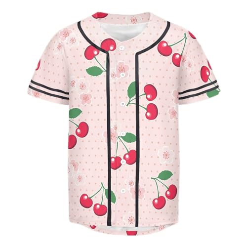 Red Cherry Blossom Men's Baseball Jersey Short Sleeve Flower Adult Button Down Shirts Sports Uniform XL