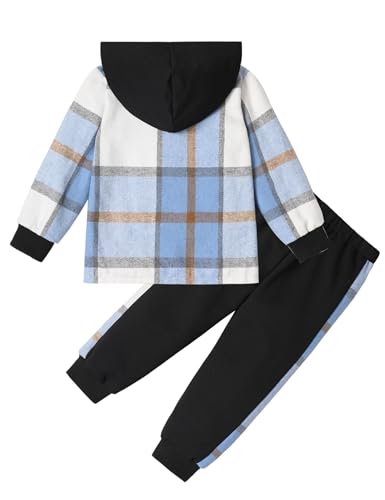 Image of Toddler Boy Clothes Plaid Hooded Shirt White T-shirt Top and Solid Color Pants 3Pcs Winter Boys Clothes
