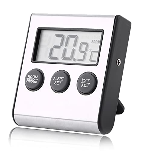 Yoidesu Fridge Thermometer with Digital LCD Screen, Refrigerator/Freezer Temperature Monitor, Room/Fridge Switch, High/Low Temperature Alarm, Sensitive Probe, / Switch Function