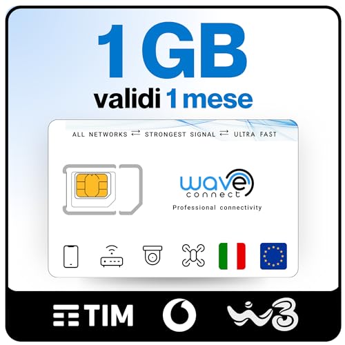 Wave Connect 1 GB | 1 Mese – SIM Solo Dati Tripla Rete (TIM, Vodafone, WindTre), 4G/5G, Prepagata, Attiva al Primo Uso, Italia e UE, per IoT e Telecamere