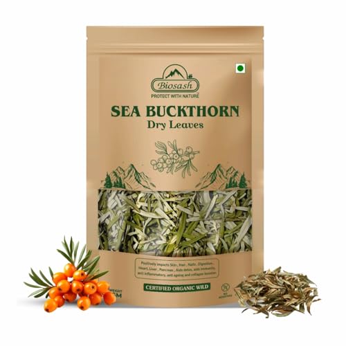 Image of Biosash Sea Buckthorn Dry Leaves 50g | 100% Natural Herbal Tea Leaves for Wellness | Caffeine-Free | Rich in Antioxidants & Nutrients | Herbal Infusion for Sugar Management