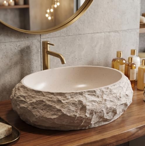 Image of BASSINO 20x15x6 Inches Artificial Stone Table Top Washbasin /Ivory-Beige Stone Texture Luxury Countertop Sink /Modern Rock Finish Wash Basin for Home-Hotel /Designer Oval Shape Basin for Bathroom(Matt)