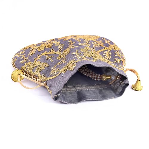 Image of Handcrafted Potli Purse with Golden Floral Embroidery and Pearl Accents