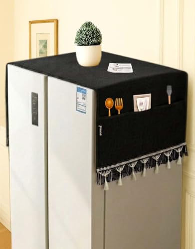 Image of Refrigerator Double Door Waterproof, Dustproof, Protective Cover for Fridges with Extra Storage Space Nylon Top Cover with 6 Storage Pockets (170 x 65 cm) (Black Lace)