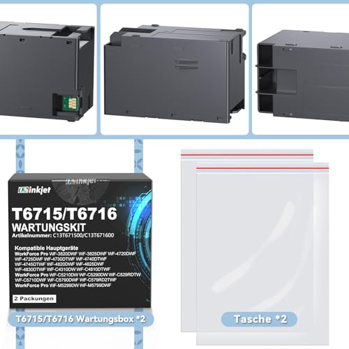 Osinkjet T6715(C13T671500) T6716(C13T671600) Wartungsbox Kompatibel für Workforce WF-4720DWF WF-4725DWF WF-4730DTWF WF-4740DTWF WF-C5710DWF, Resttintenbehälter T6715 T6716 Wartungskasten