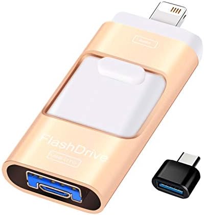 Sunany Flash Drive for iPhone 128GB, Lightning Memory Stick External Storage Thumb Drive for iPhone,iPad,Android,PC and More Devices with USB Port (128GB Gold)