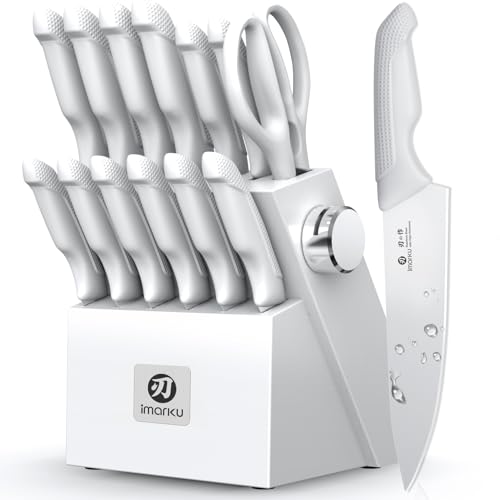 imarku Kitchen Knife Set, Japanese Knives Set for Kitchen, Stainless Steel Knife Set with Block, Kitchen Gadgets, White, Anti-Slip Handle, Dishwasher Safe, Gift for Women Grayish White