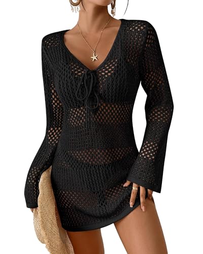 Bsubseach Women Swimsuit Crochet Coverup Long Sleeve V Neck Beach Knit Bathing Suits Cover Ups Mesh Bikini Hollow Out Dress