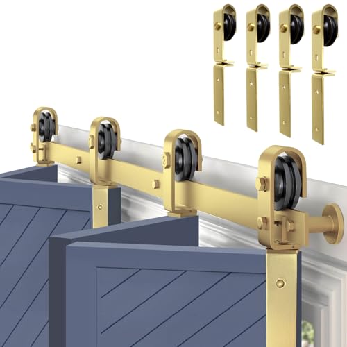 Rio Salto Kit de herrajes para puerta corrediza de granero de 76 pulgadas en color dorado, kit de herrajes para puerta de armario, aluminio resistente y plegable, longitud de riel de 64 pulgadas para