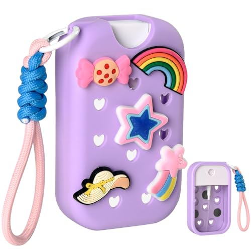 UeKeKicg 1 Pack Silicone Mist Case Compatible with Touchland Crocs Hand Sanitizer Spray (Fit for 1.58 FL OZ-45 mL), with 5 Charms and Keyring Accessory (Purple)