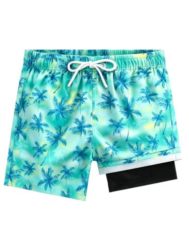 Image of SERENYOU Kids Boys Swim Shorts Patterned Swimming Trunks with Compression Liner Boardshorts 9-10 Years Green