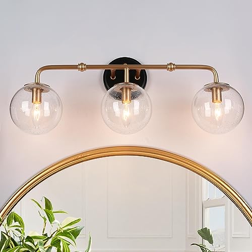 Image of classy leaves Black Gold Bathroom Light Fixtures, 3-Light Vanity Lights for Bathroom with Seeded Glass Globes, Modern Bathroom Vanity Light Fixtures Over Mirror