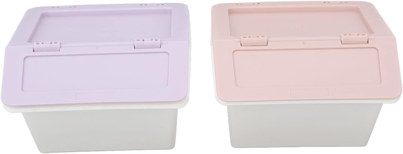 Desk Storage Box, 2 Pack Stackable Cosmetic Organizer with Dust Cover, Purple and Pink Plastic Skincare Organizer for Desktop Vanity