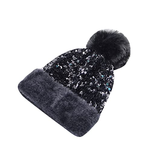Caviotess Women Sparkly Sequins Knitted Beanie Hat Warm Winter Skull Cap With Faux Fur Pom Pom Black #TOP1