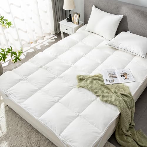 ROSE FEATHER Goose Down Feather Mattress Topper,King Down Mattress Protector Cover with Straps,Plush Soft Fluffy Baffled Pillowtop,Hypoallergenic Featherbed Cooling Pad All-Season Luxury(78x80 Inch)