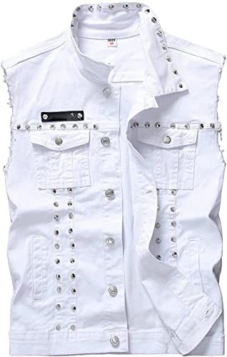 Image of Lazutom Men's Punk Denim Vest Sleeveless Lapel Jean Jackets Waistcoat with Rivets